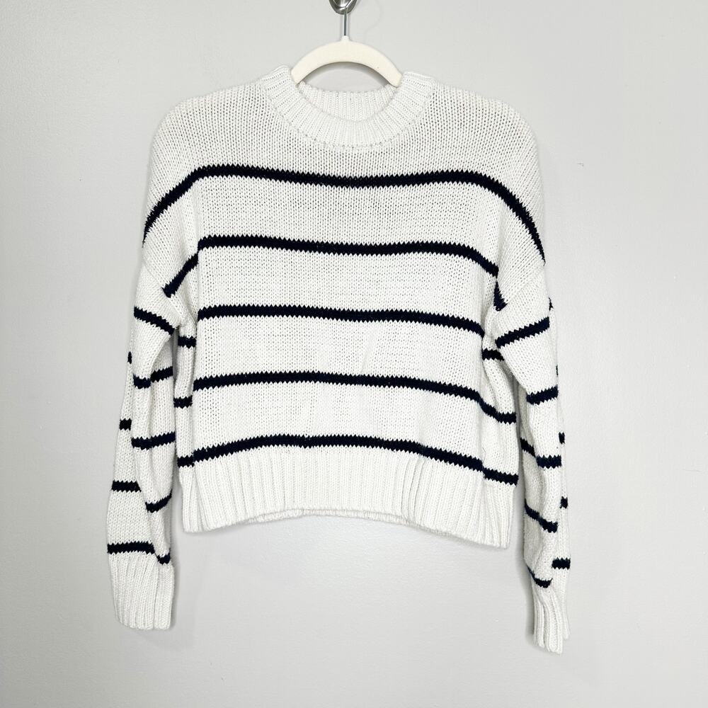 Jenni Kayne Chloe Striped Cropped Pullover Sweater Ivory Navy Cotton XXS - Picture 2 of 7